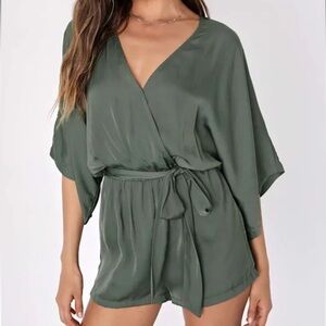 Lulus Aint it Grand Olive Green Satin Surplice Romper